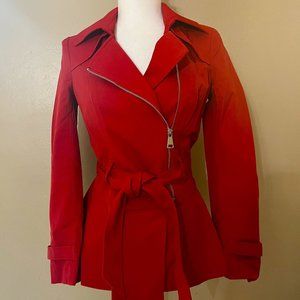 Bebe Red Peplum Detail Belted Trench Coat Hip Length Size Small S NWT
